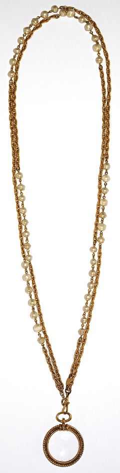 Chanel Vintage Double-Strand Pearl-and-Gold Gilt Chain Necklace with Magnifier