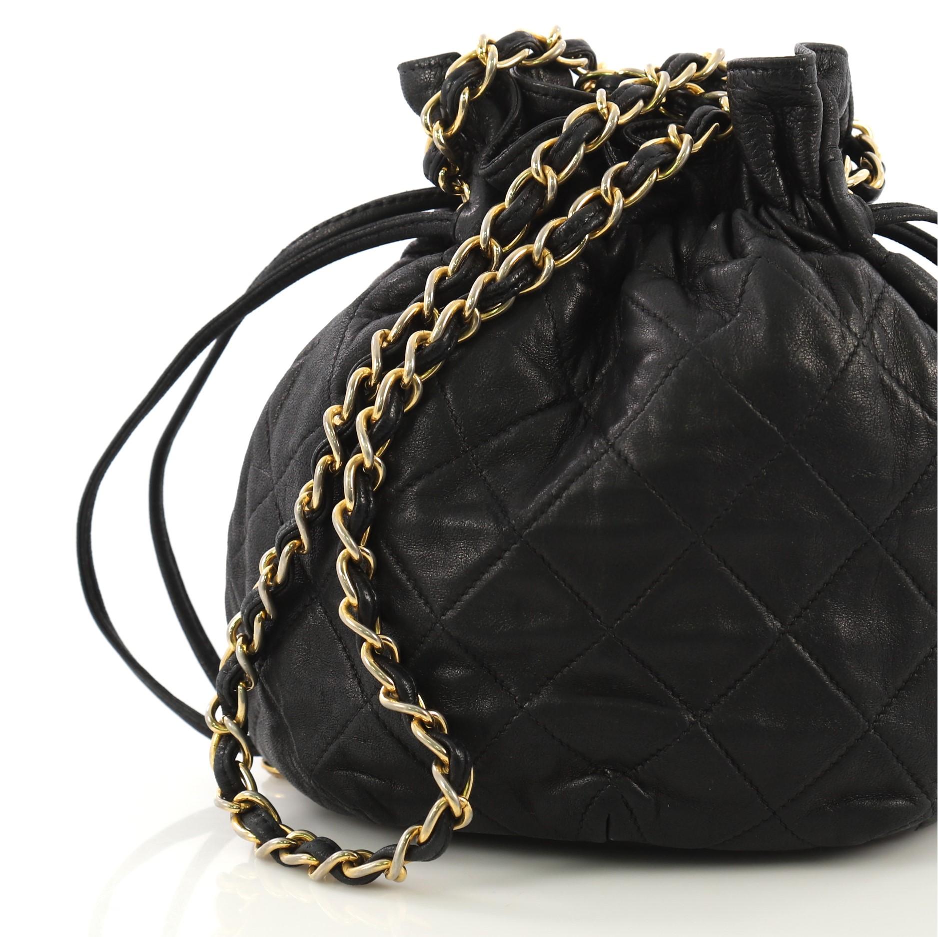 Chanel Vintage Drawstring Bucket Bag Quilted Lambskin Mini In Fair Condition In NY, NY