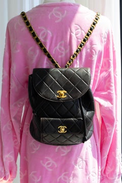 Chanel Vintage Duma Black Lambskin Leather Quilted 24K Gold Backpack