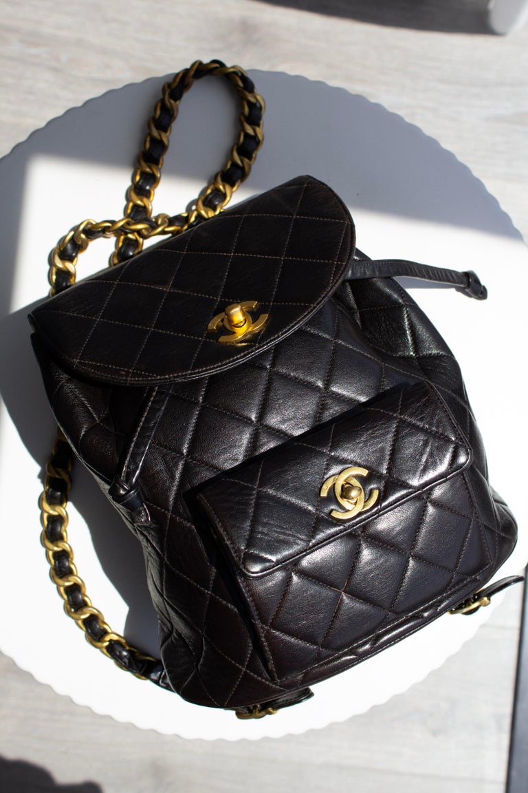 Chanel Vintage Duma Black Lambskin Leather Quilted 24K Gold 