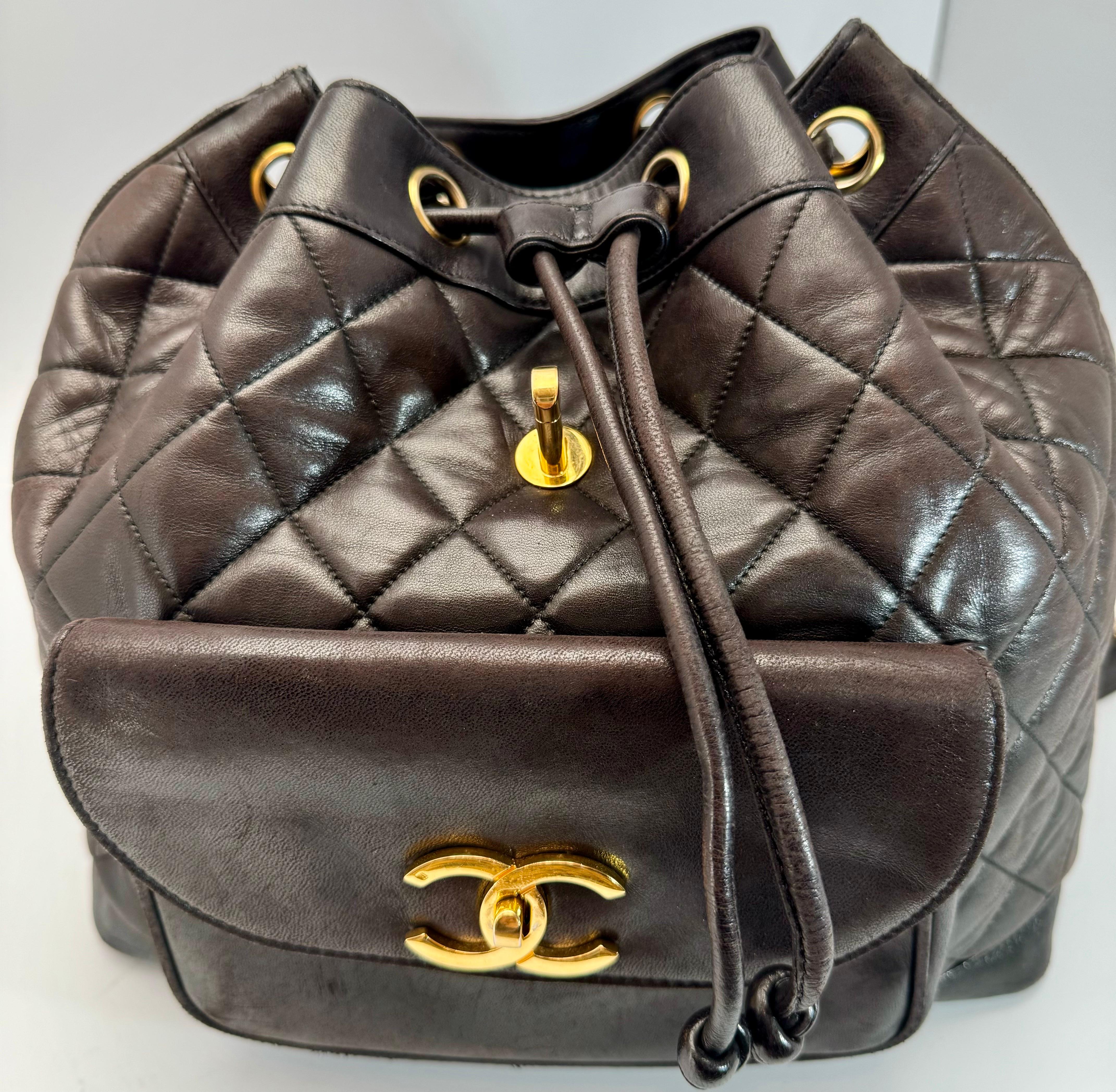 CHANEL Vintage Duma Matelasse Backpack Leather Lamb Skin Black Gold Tone CC 9