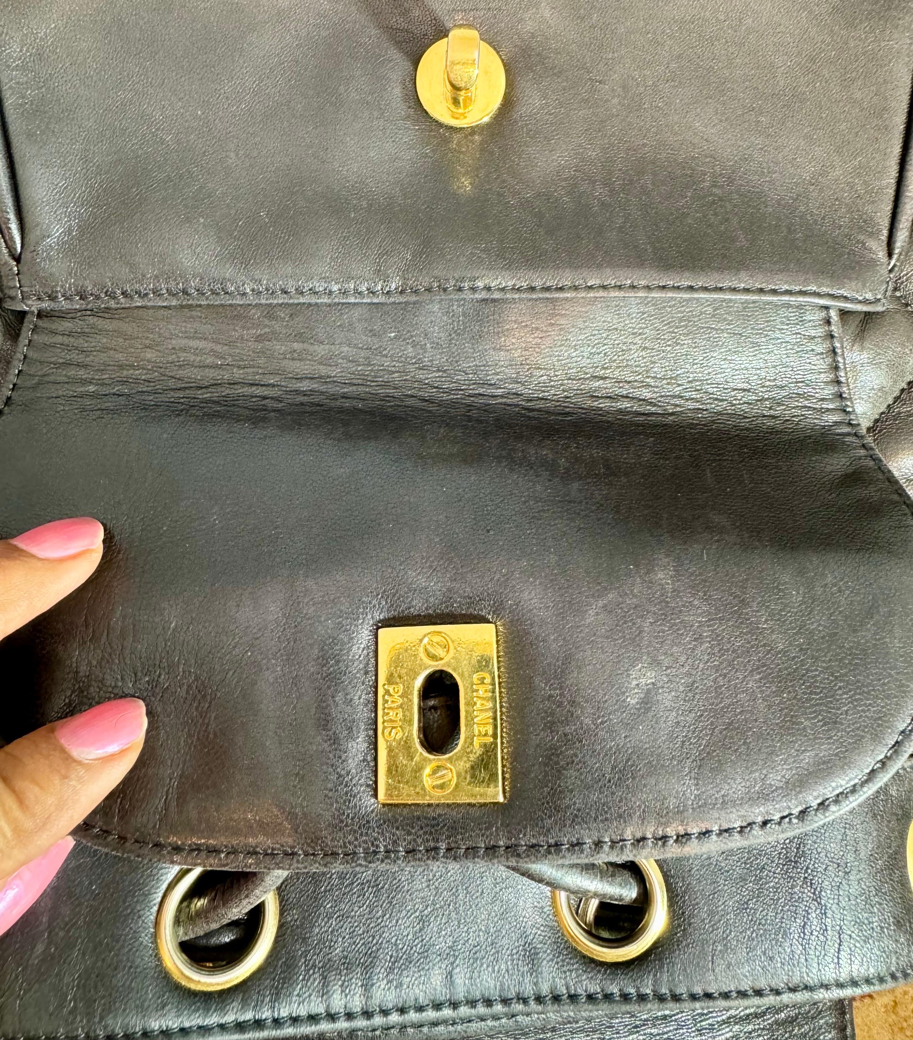 CHANEL Vintage Duma Matelasse Backpack Leather Lamb Skin Black Gold Tone CC 10