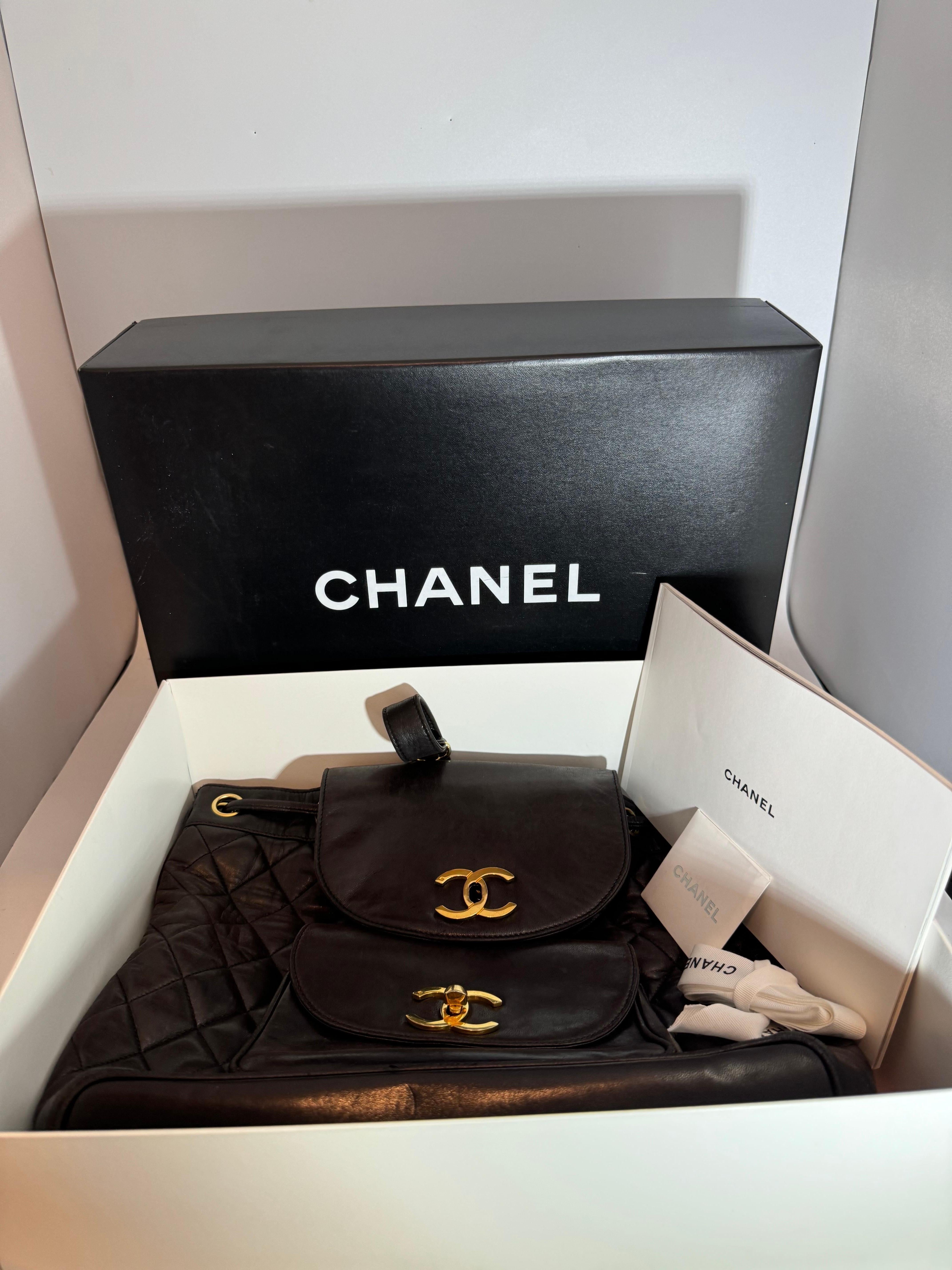 CHANEL Vintage Duma Matelasse Backpack Leather Lamb Skin Black Gold Tone CC 15