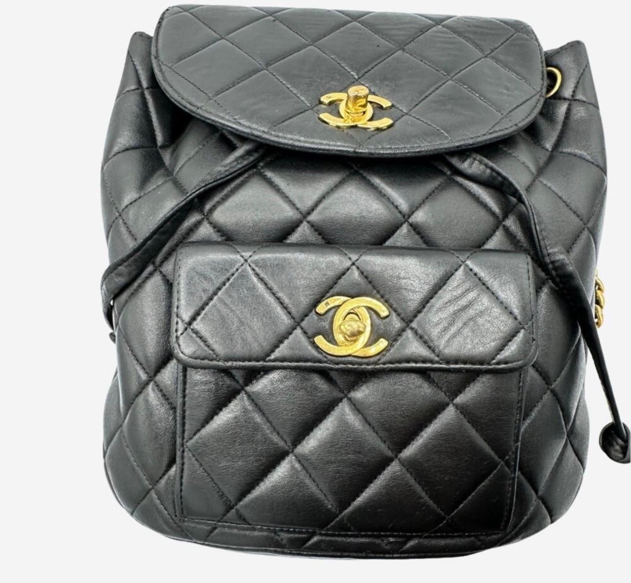 CHANEL Vintage Duma Matelasse Backpack Leather Lamb Skin Black Gold Tone CC In Excellent Condition In New York, NY