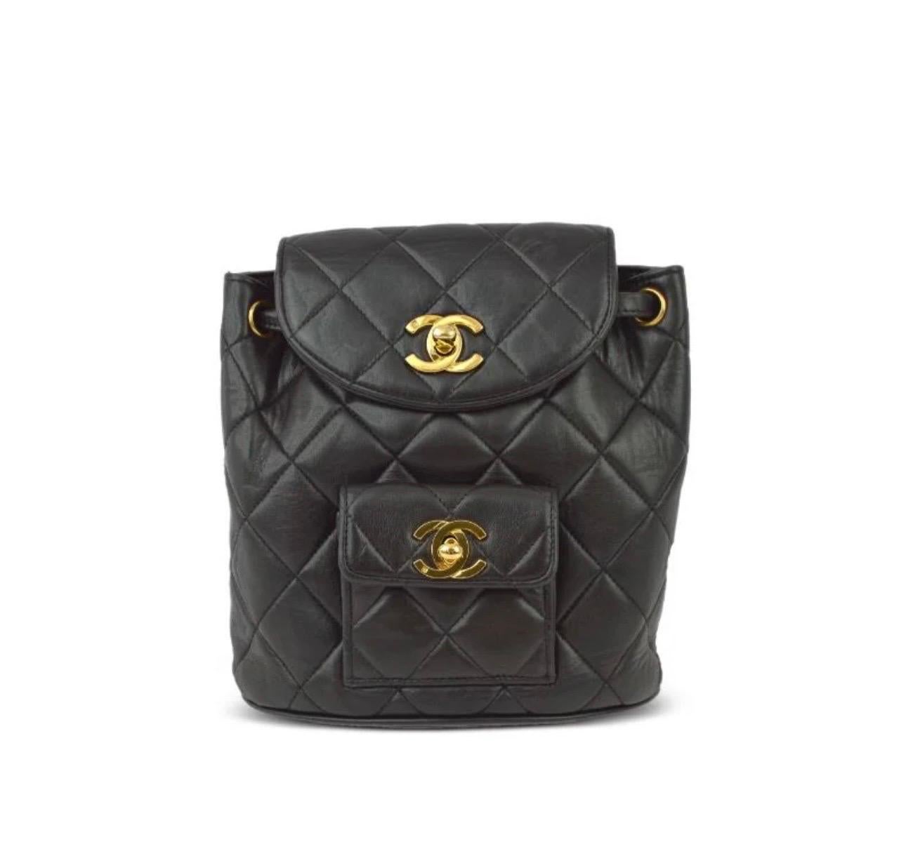 Women's or Men's CHANEL Vintage Duma Matelasse Backpack Leather Lamb Skin Black Gold Tone CC