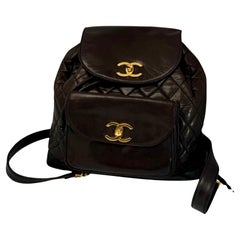 CHANEL Vintage Duma Matelasse Backpack Leather Lamb Skin Black Gold Tone CC