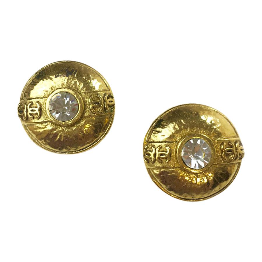 Chanel Vintage Earrings Clips In Gold Metal And Rhinestones
