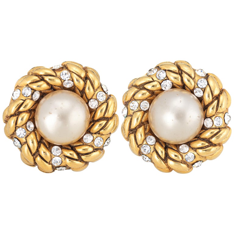 Chanel Vintage Earrings Collection 23 1980s Faux Pearl Crystal Round Clip  On at 1stDibs
