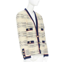 CHANEL Vintage Ecru marineblau rosa 4 Taschen Strickjacke jacket mit 13 goldenen Knöpfen