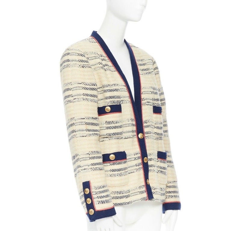 CHANEL vintage ecru navy blue pink 4 pockets cardigan jacket 13 gold ...