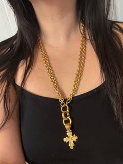CHANEL Vintage Elegant Gold Cross Multi-strand Pendant Necklace