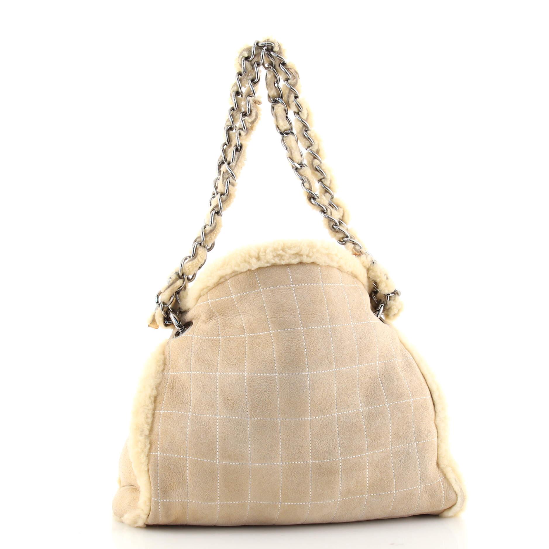Beige Chanel Vintage Embroidered CC Chain Tote Quilted Suede and Shearling
