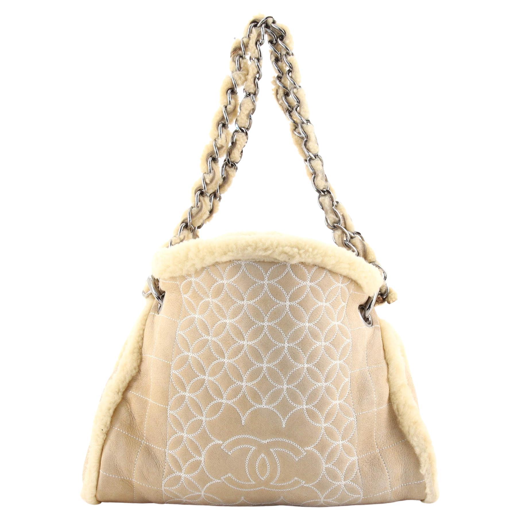 Chanel Vintage Embroidered CC Chain Tote Quilted Suede and Shearling