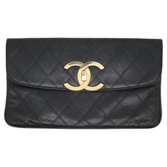 Chanel Used Envelope CC Quilted Black Leather Wallet Clutch