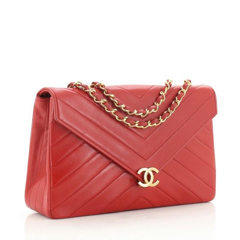 Chanel Red Small Lambskin Coco Chevron Envelope Flap Bag Leather