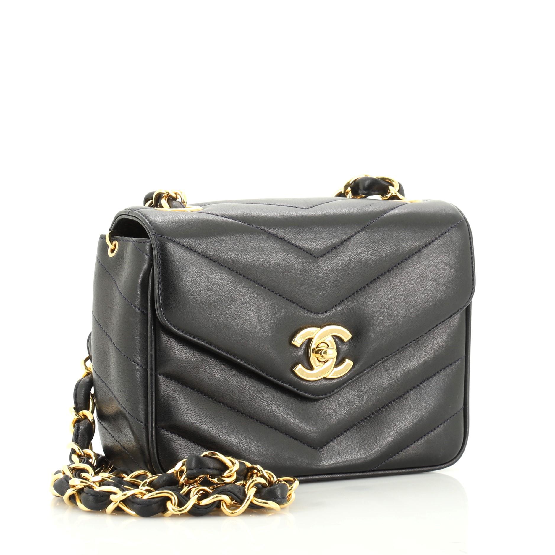 Black Chanel Vintage Envelope Flap Bag Chevron Lambskin Mini 