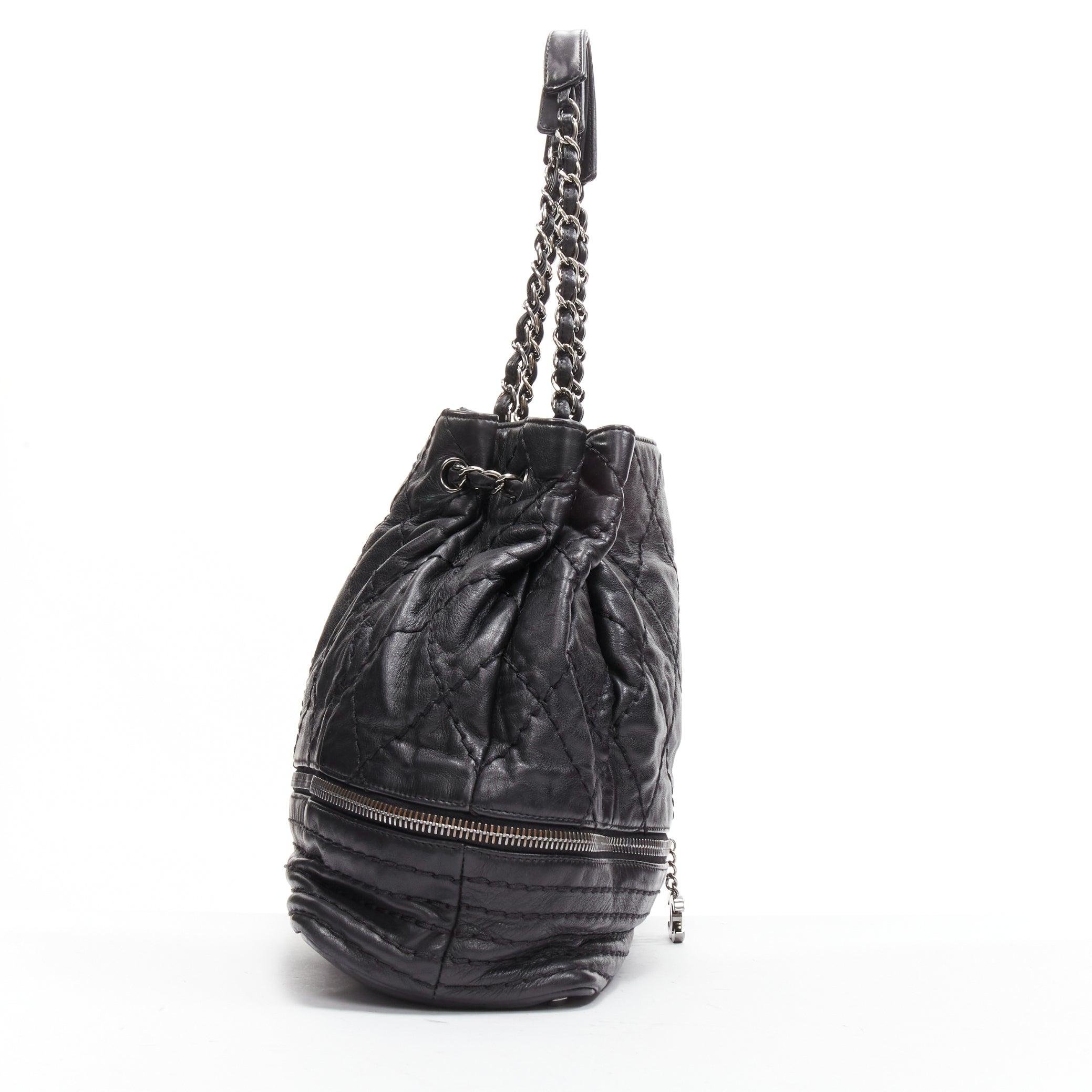 Women's CHANEL Vintage Expandable ruthenium CC zip black quilted bucket tote bag