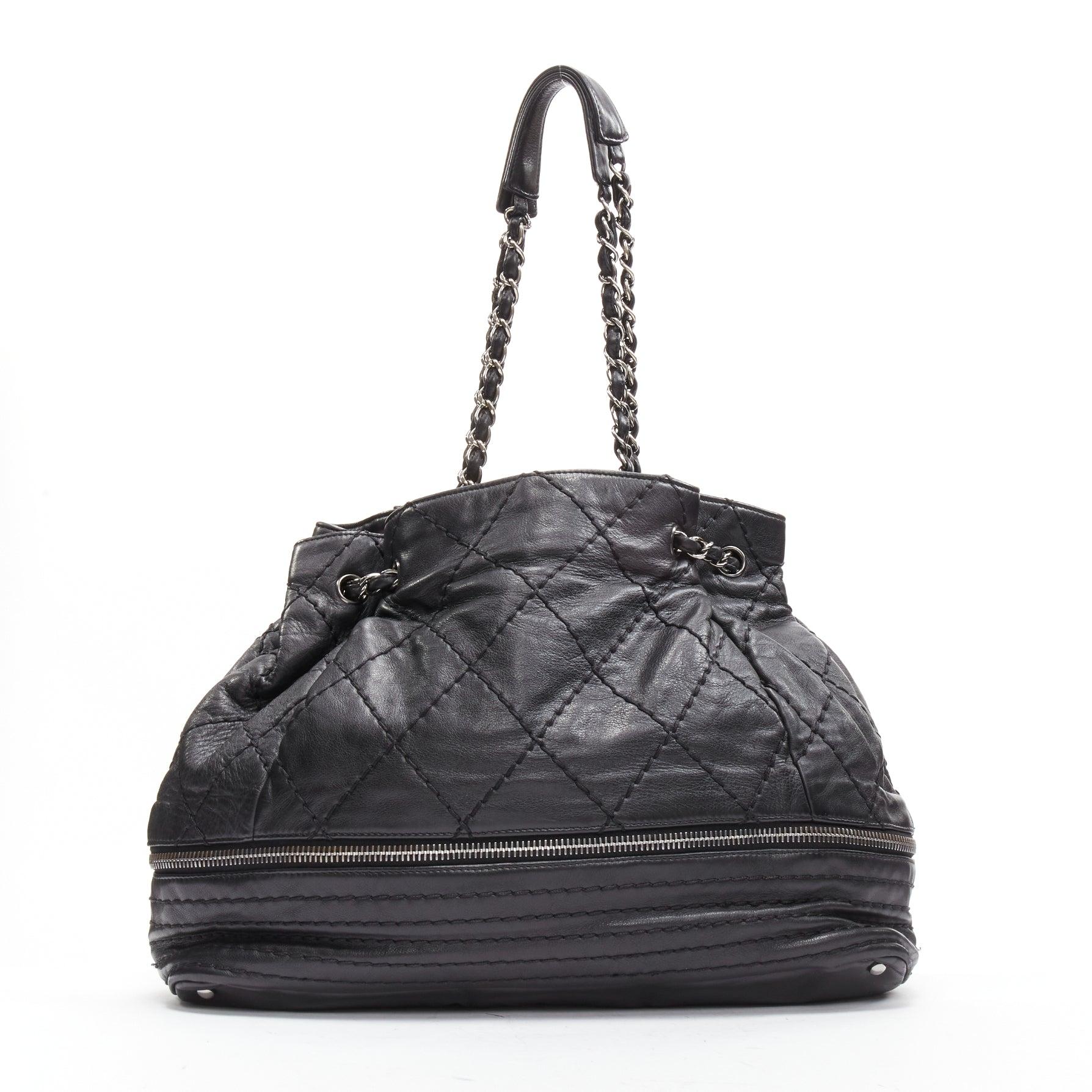 CHANEL Vintage Expandable ruthenium CC zip black quilted bucket tote bag 1