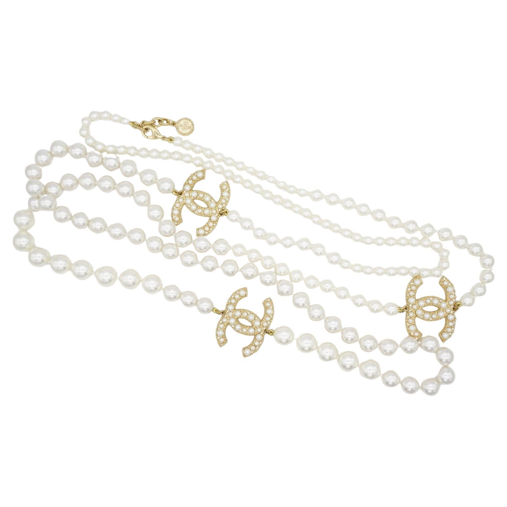 Chanel Vintage Extra Long Pearls Trio CC Logo Coco Strands Versatile Necklace