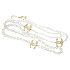 Chanel Vintage Extra Long Pearls Trio CC Logo Coco Strands Versatile Necklace