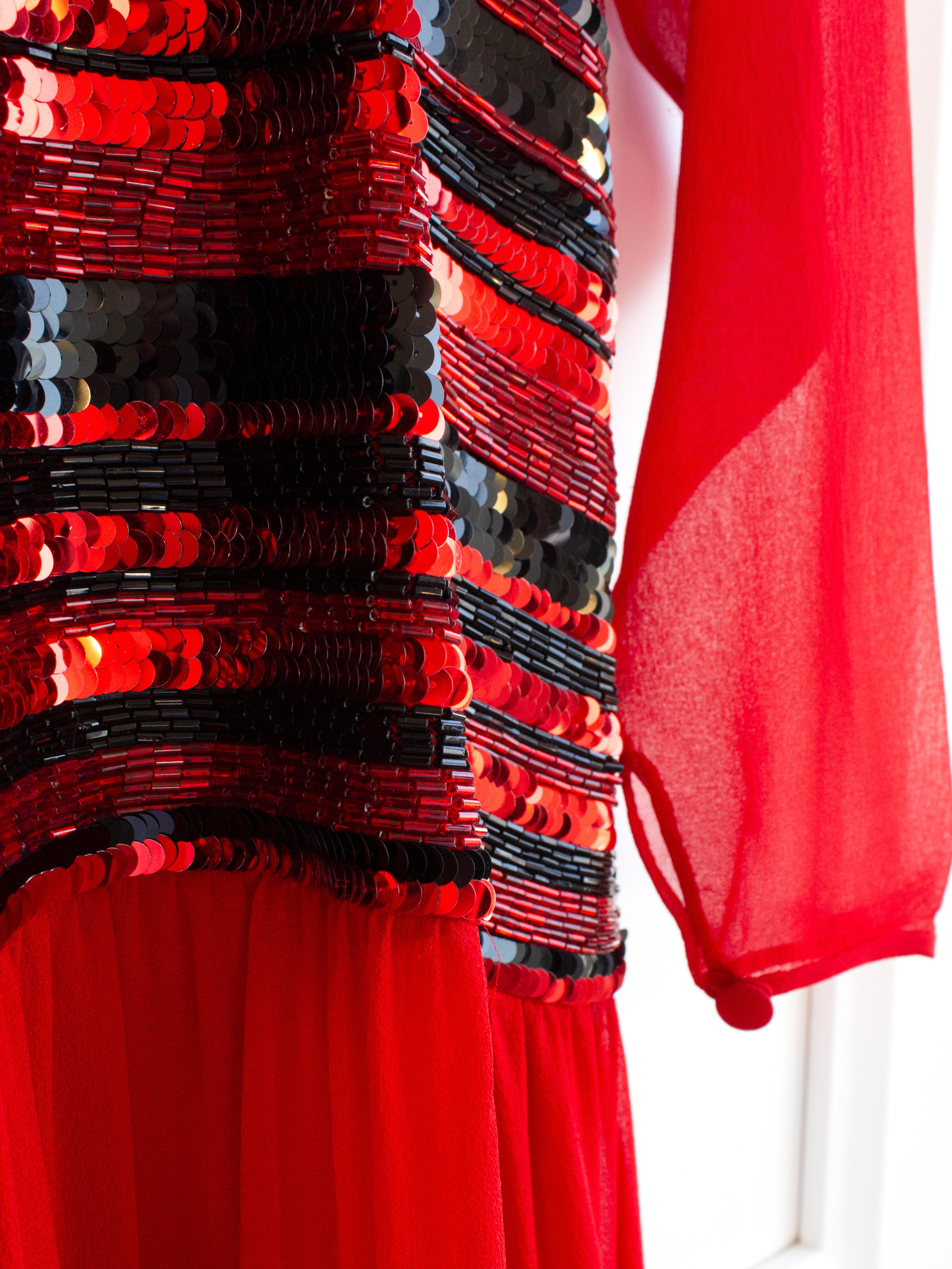 Chanel Vintage F/W 1983 Red Black Sequin Embellished Evening Dress Gown 6