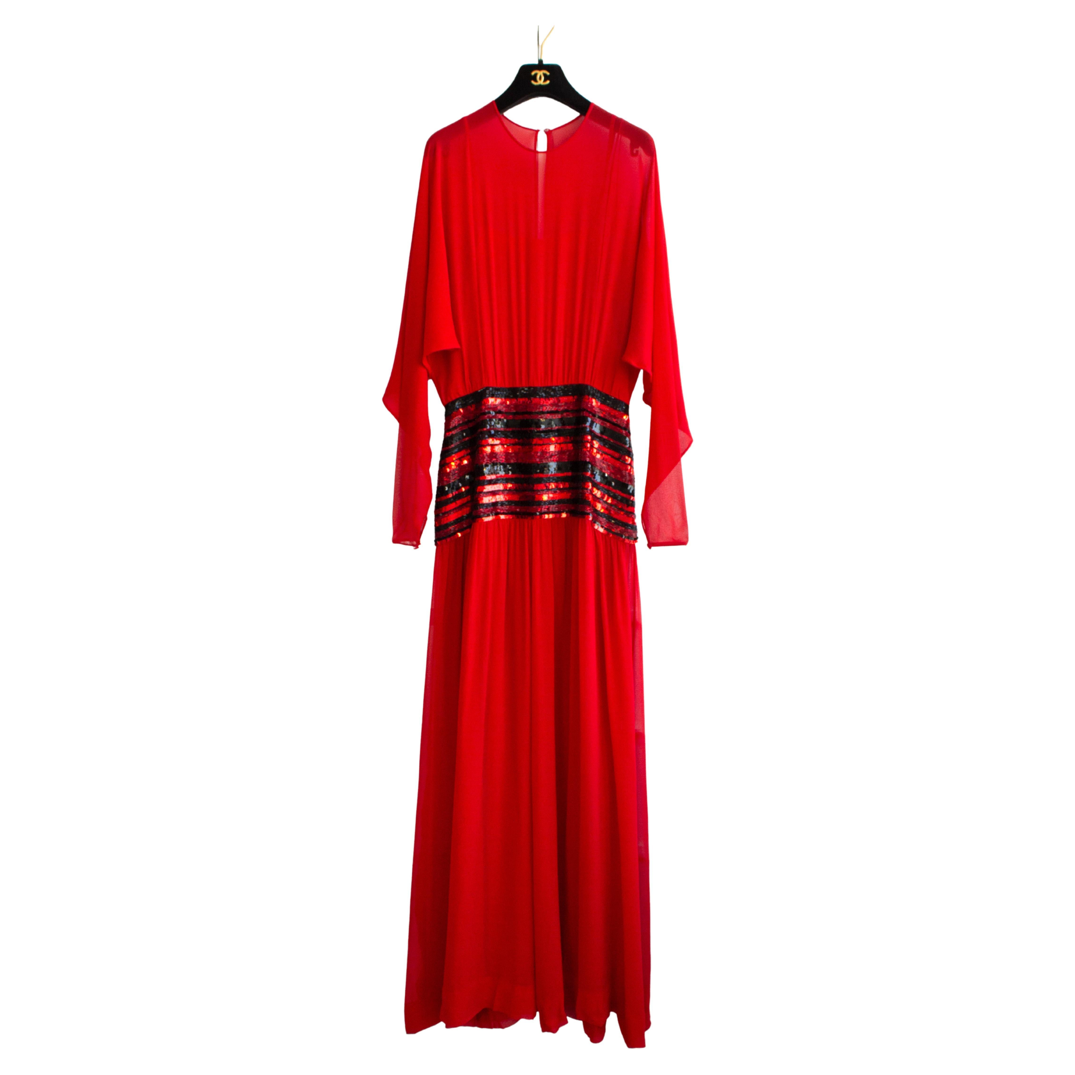 Chanel Vintage F/W 1983 Red Black Sequin Embellished Evening Dress Gown