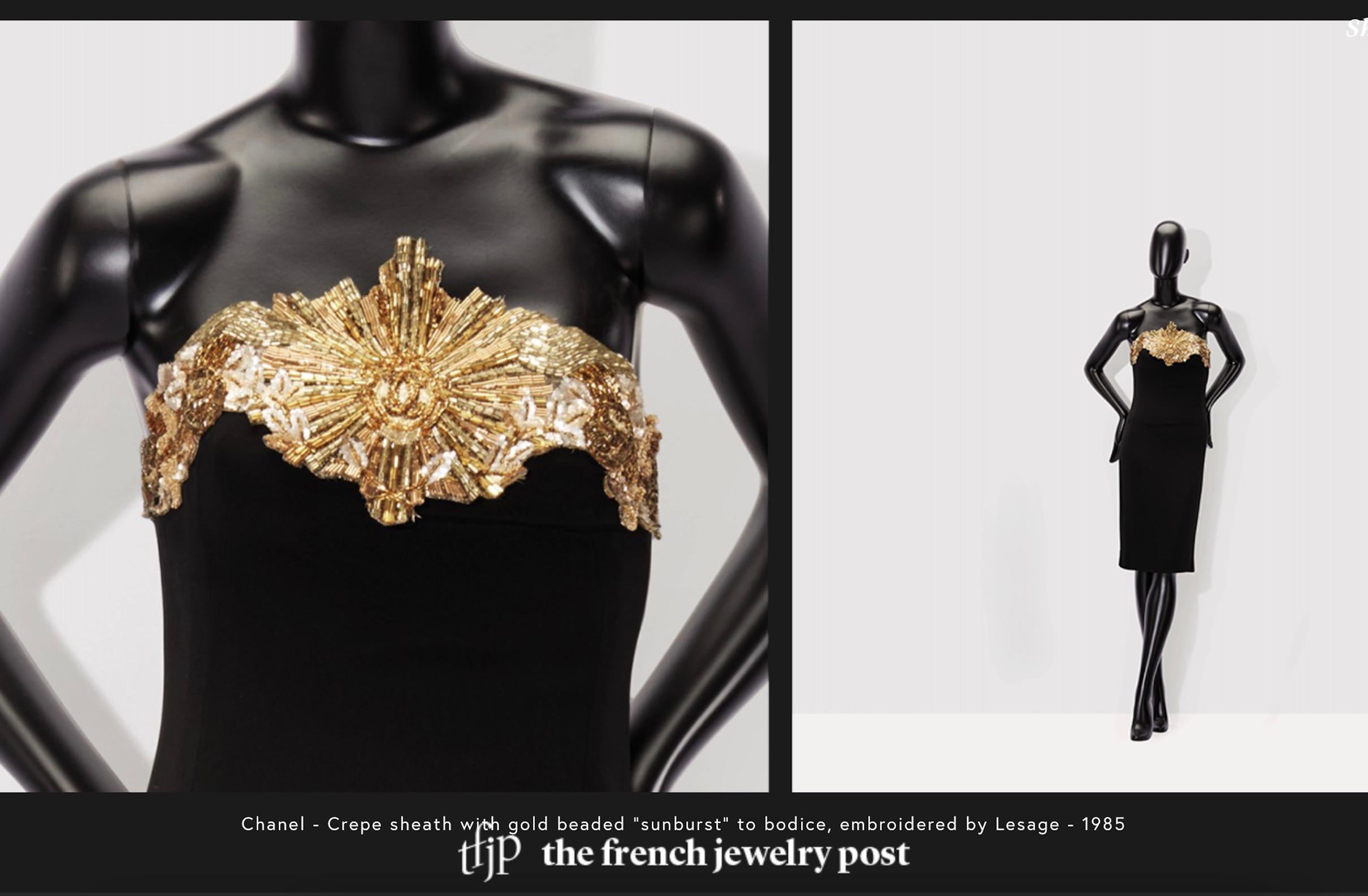 Women's Chanel Vintage F/W 1985 Lesage Gold Sunburst Embellished Black Velvet Knee Dress