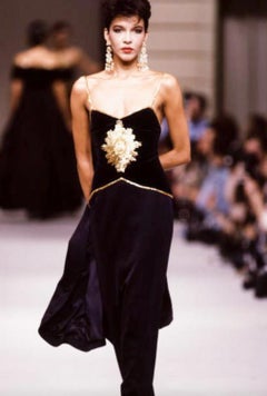 Chanel Vintage F/W 1985 Lesage Gold Sunburst Embellished Navy Blue Velvet Gown