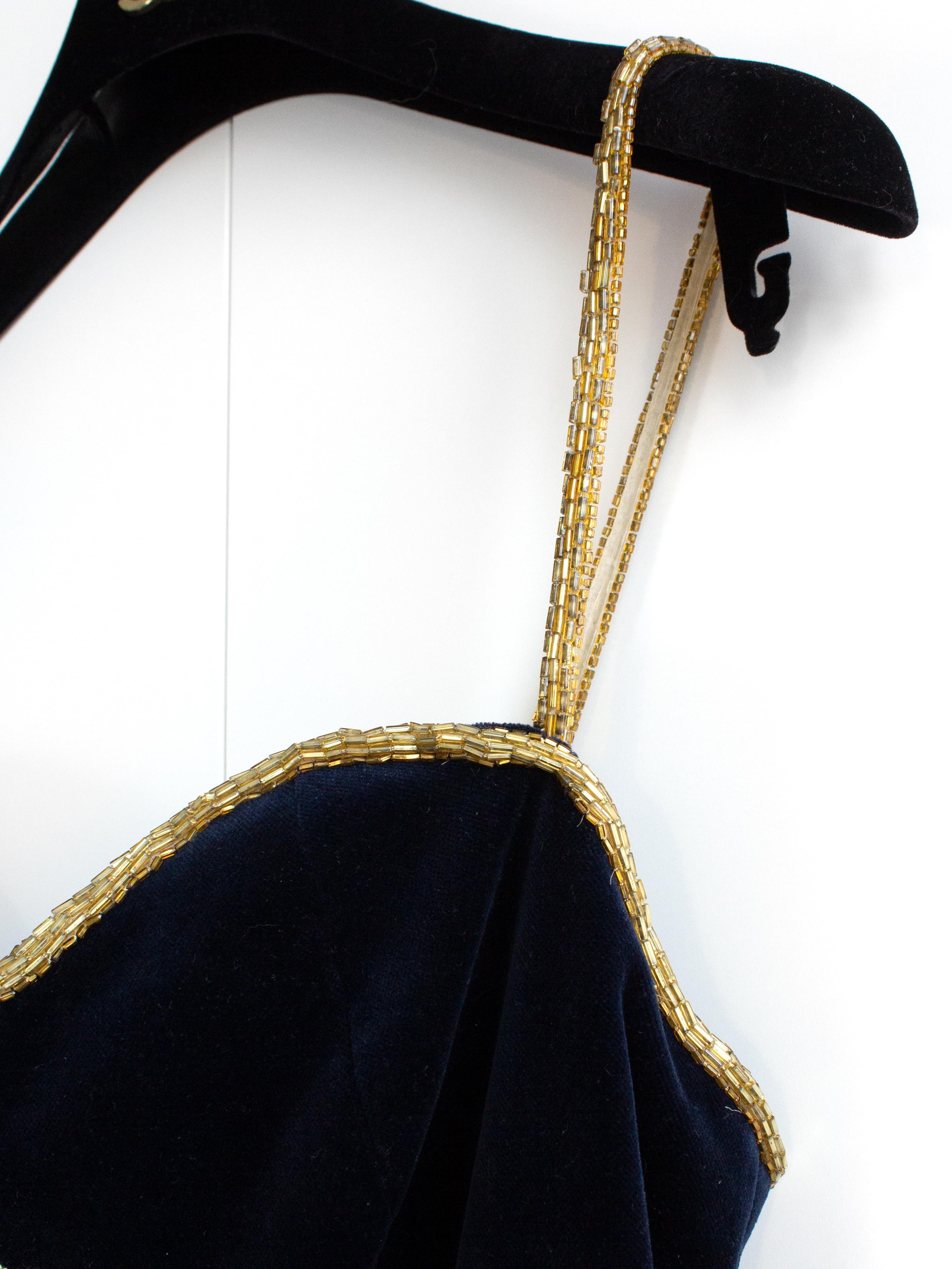 Chanel Vintage F/W 1985 Lesage Gold Sunburst Embellished Navy Blue Velvet Gown  For Sale 4