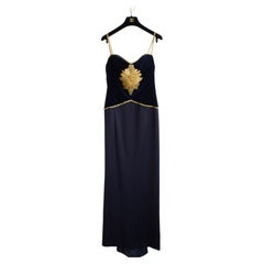 Chanel Vintage F/W 1985 Lesage Gold Sunburst Embellished Navy Blue Velvet Gown 