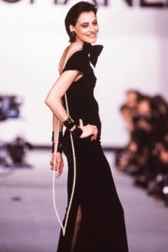 Chanel Vintage F/W 1987 Black Gold Ruched Velvet Evening Gown Maxi Dress
