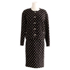 Chanel Vintage F/W 1987 Karl Black White Pearl X Tweed Jacket Skirt Suit