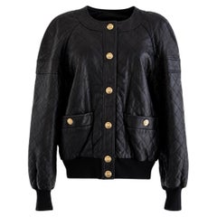 Chanel Vintage F/W 1991 Black Leather 24K Gold Quilted Bomber Jacket