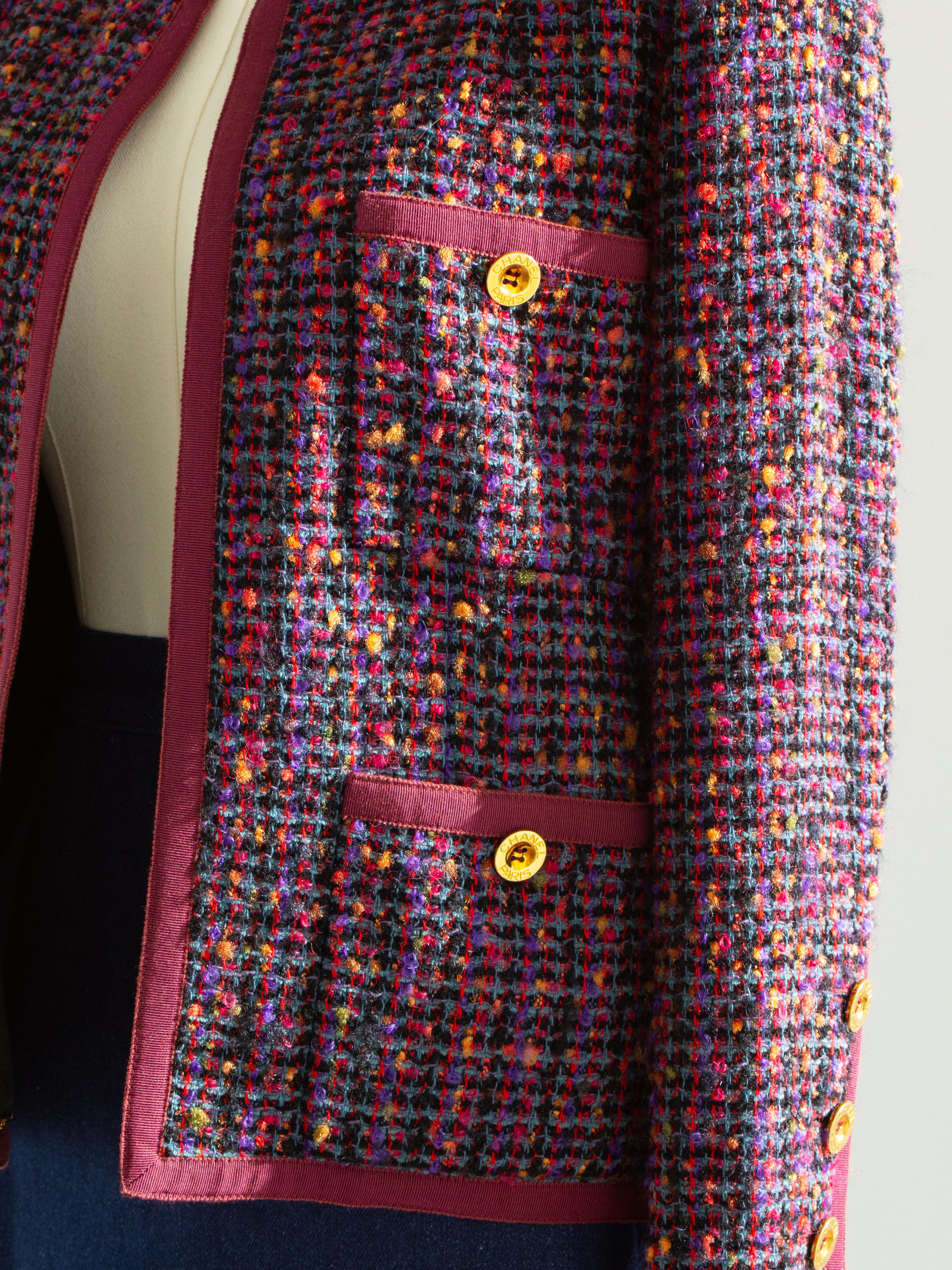 Chanel Vintage F/W 1991 Fantasy Tweed Burgundy Purple Blue Denim Jacket Suit 5
