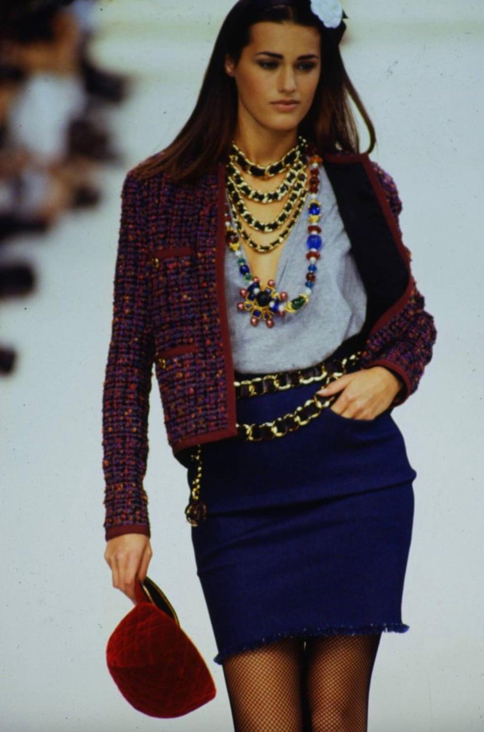 Chanel Vintage F/W 1991 Fantasy Tweed Burgundy Purple Blue Denim Jacket Suit 13