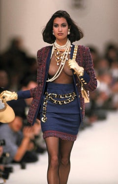 Chanel Vintage F/W 1991 Fantasy Tweed Burgundy Purple Blue Denim Jacket Suit