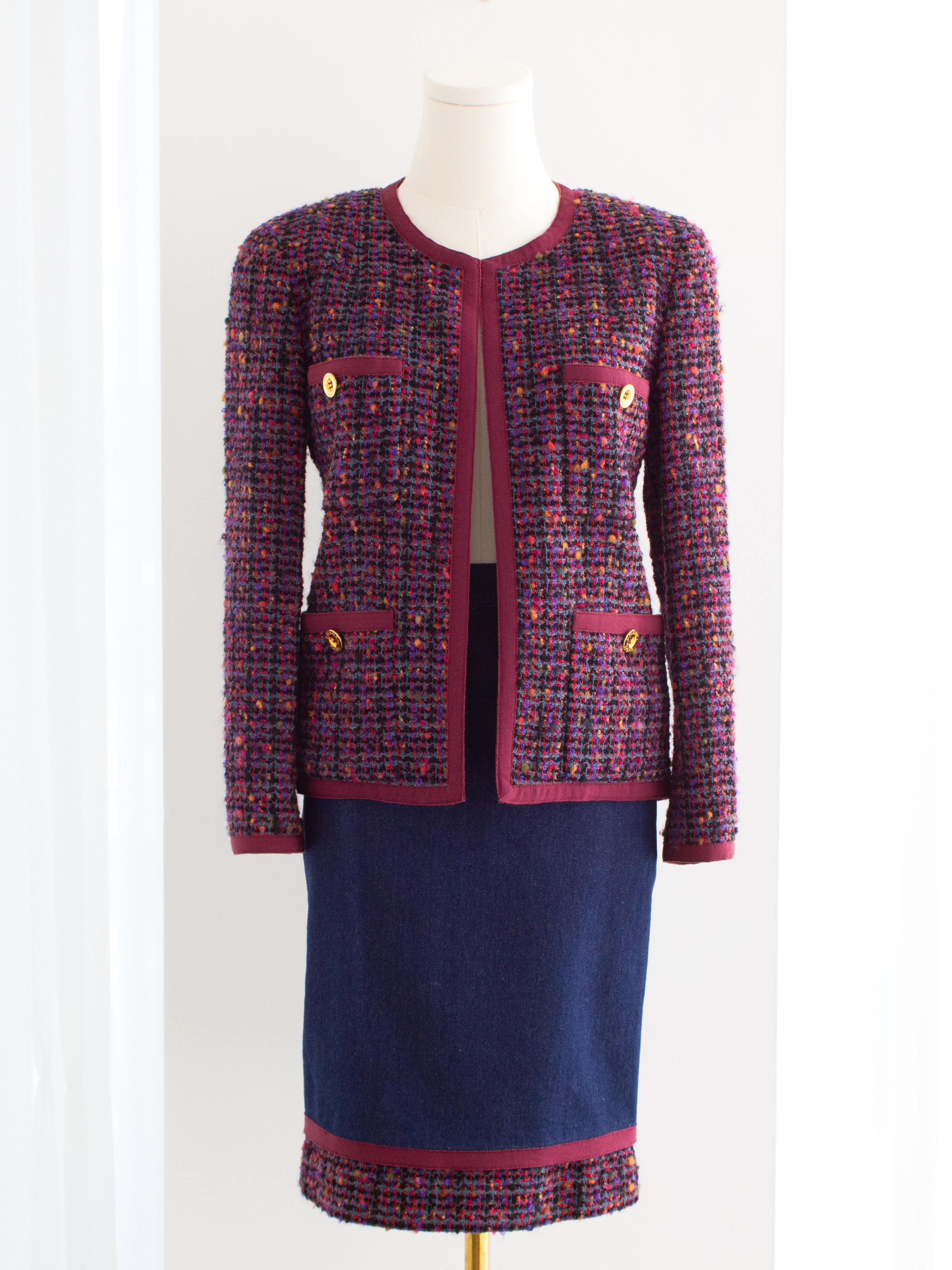 Women's Chanel Vintage F/W 1991 Fantasy Tweed Burgundy Purple Blue Denim Jacket Suit