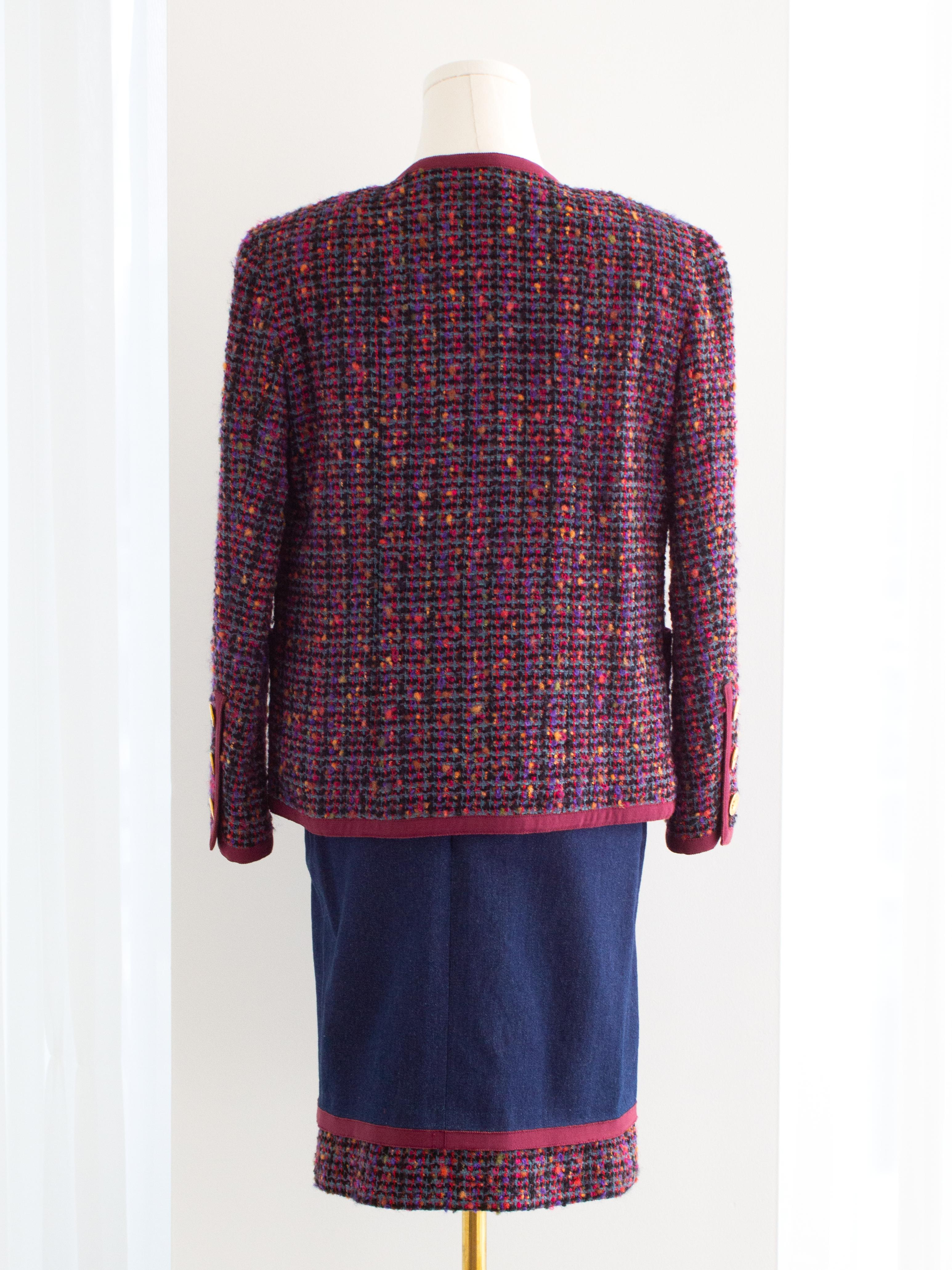 Chanel Vintage F/W 1991 Fantasy Tweed Burgundy Purple Blue Denim Jacket Suit 1