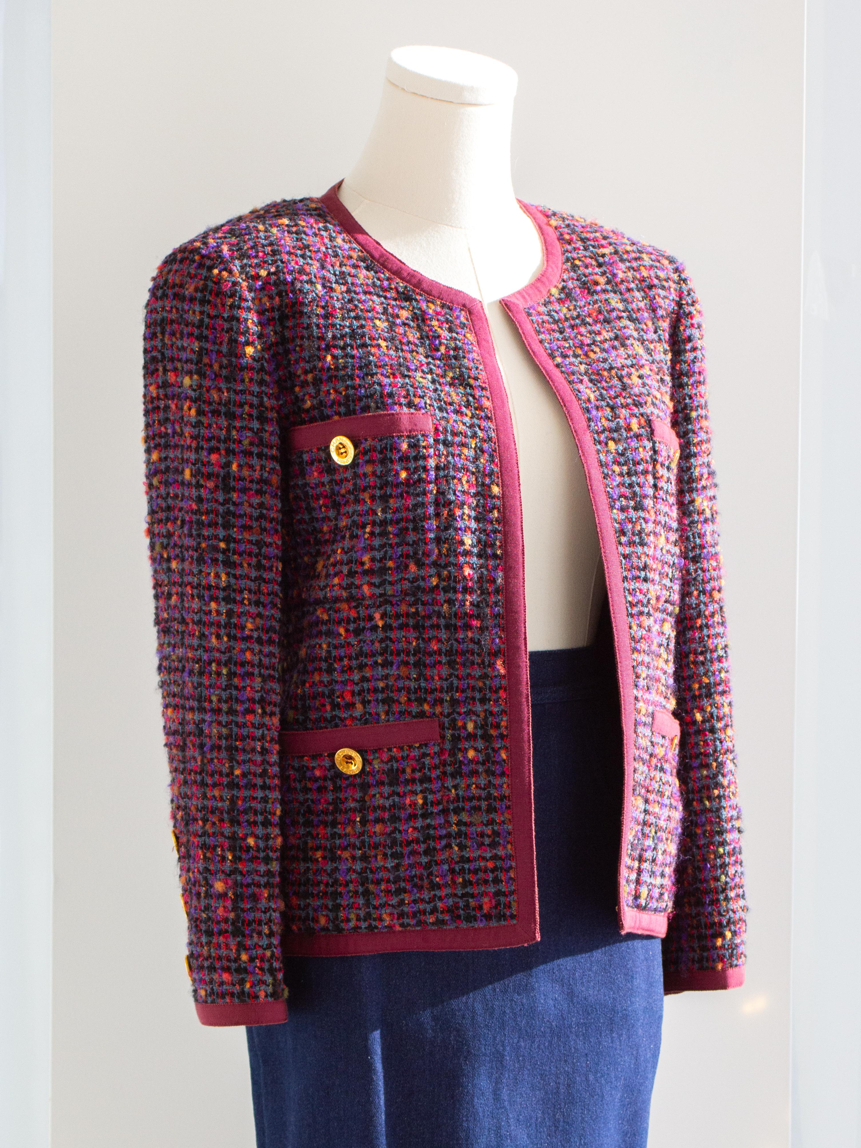 Chanel Vintage F/W 1991 Fantasy Tweed Burgundy Purple Blue Denim Jacket Suit 2