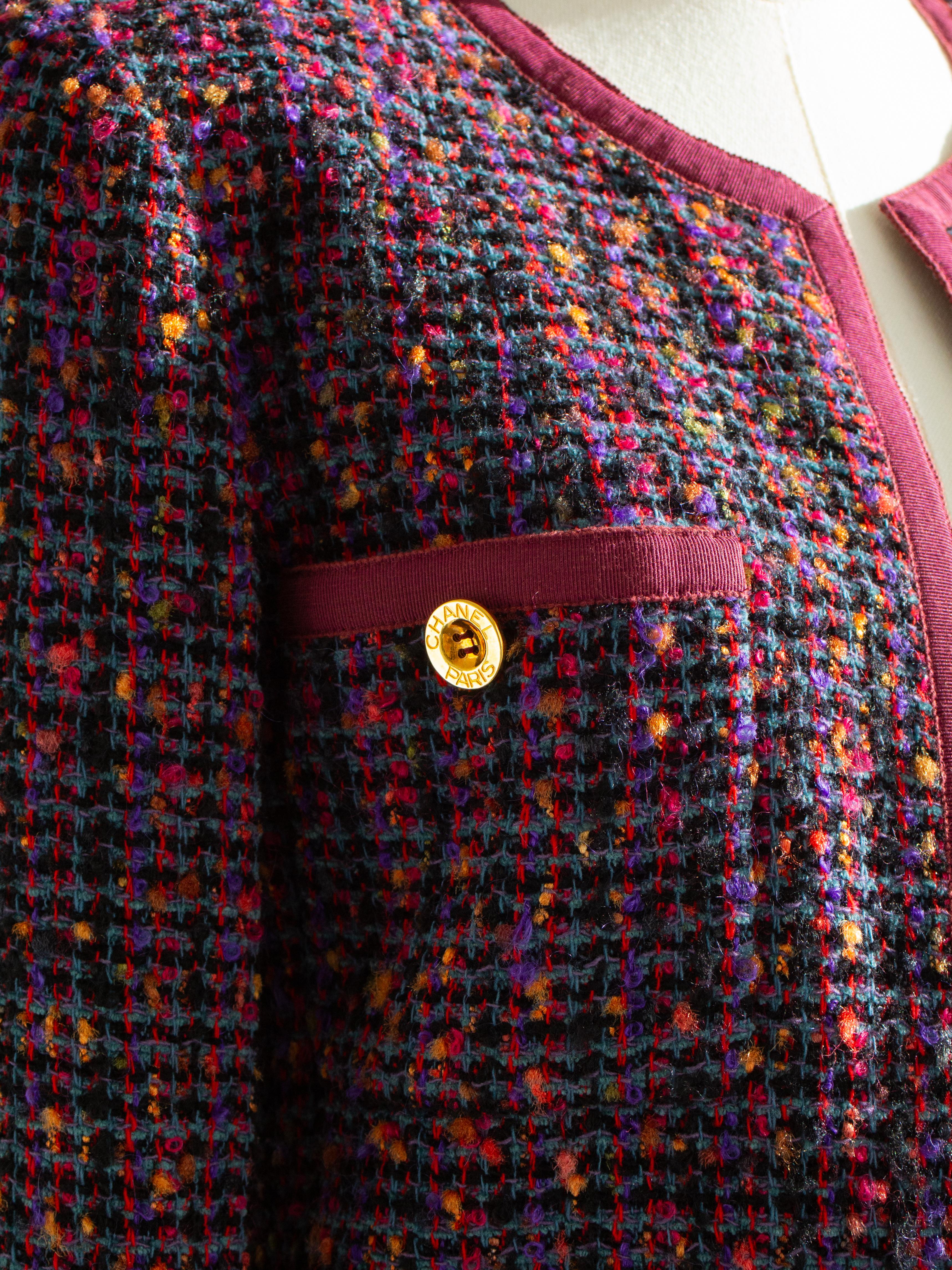 Chanel Vintage F/W 1991 Fantasy Tweed Burgundy Purple Blue Denim Jacket Suit 3