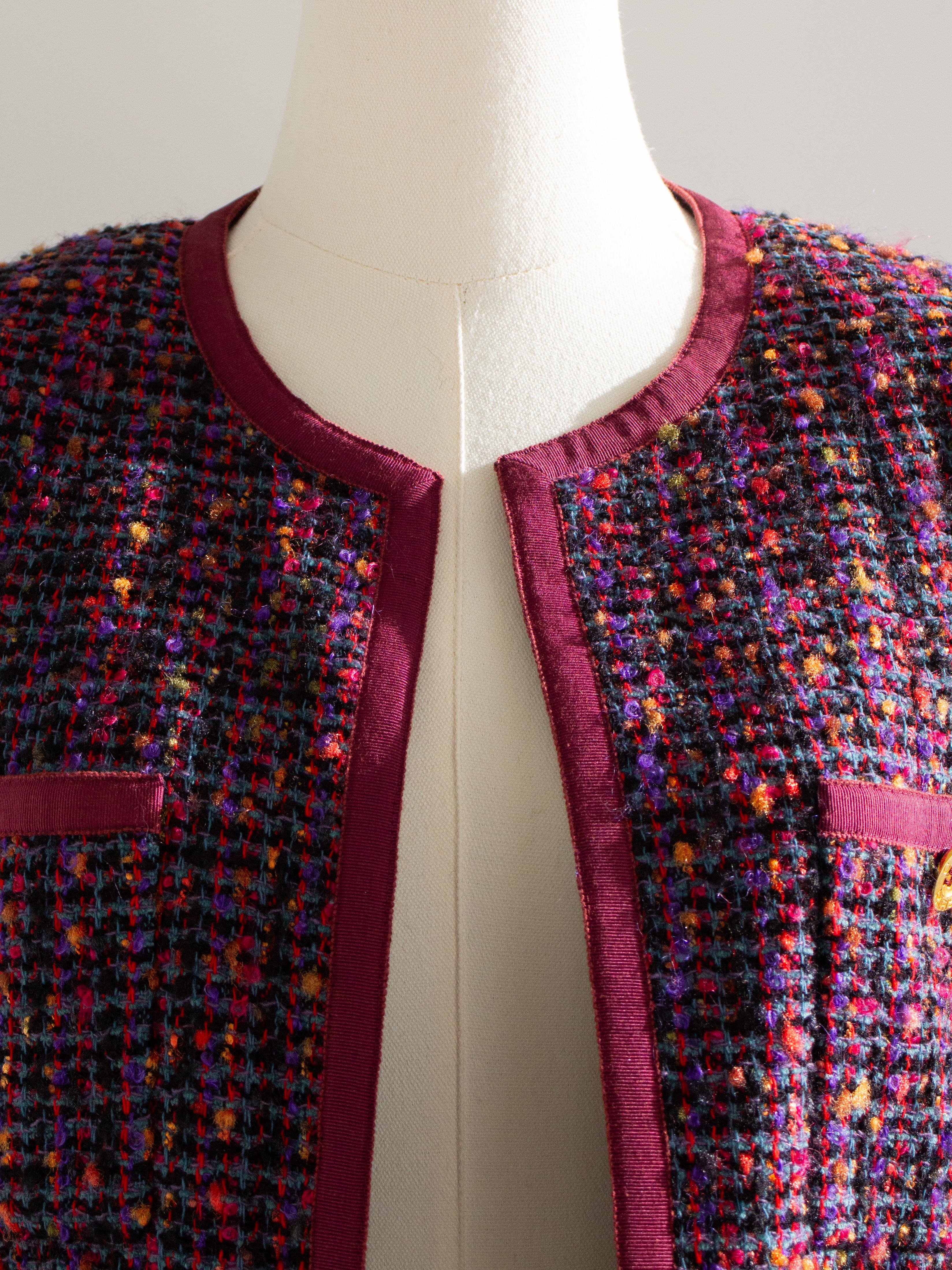Chanel Vintage F/W 1991 Fantasy Tweed Burgundy Purple Blue Denim Jacket Suit 4