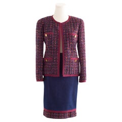 Chanel Vintage F/W 1991 Fantasy Tweed Burgundy Purple Blue Denim Jacket Suit
