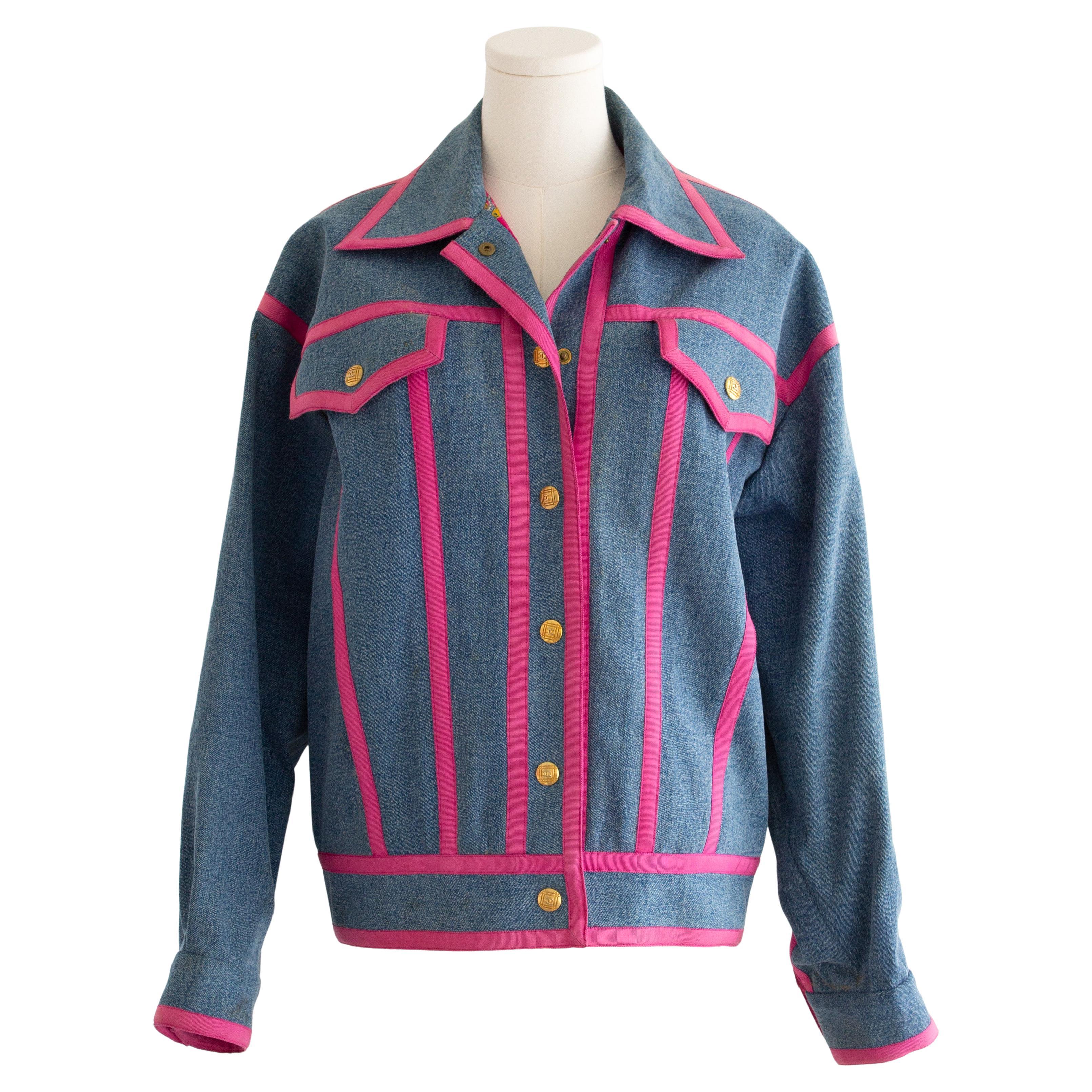 Chanel Vintage F&F Vintage 1991 Denim Hip-Hop Rose 24K Gold Bomber Jacket