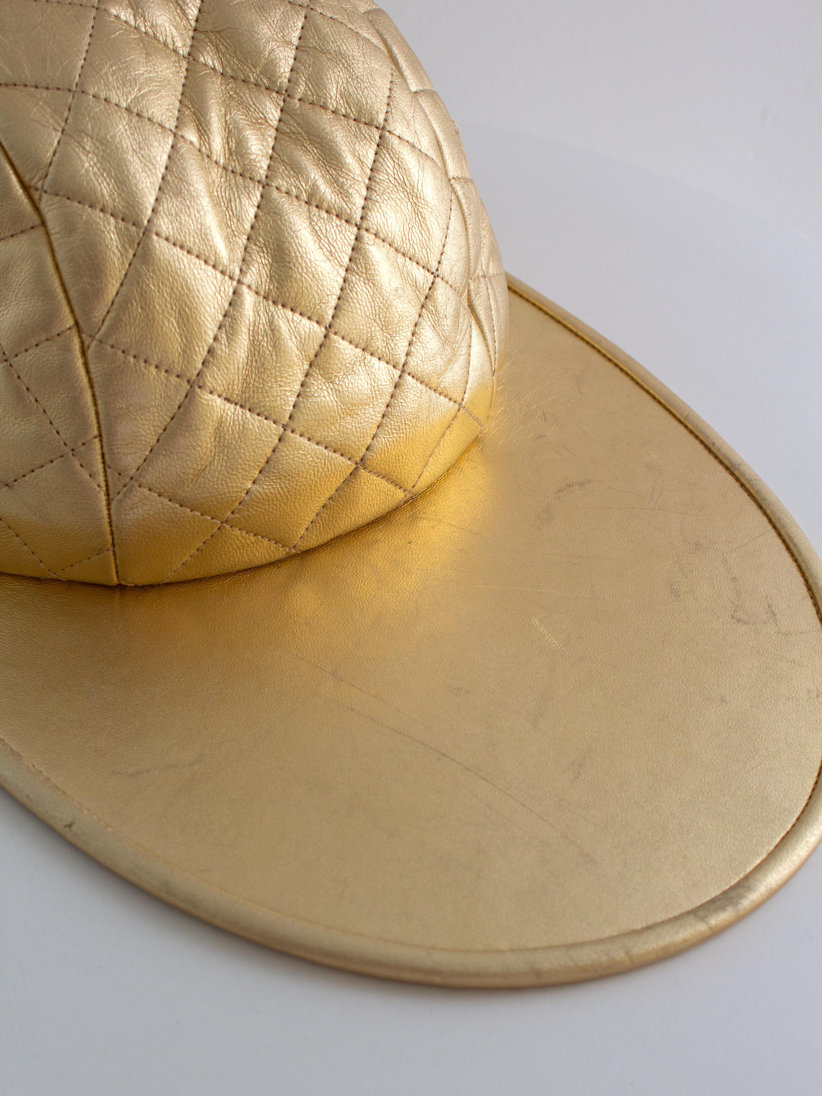 Chanel Vintage F/W 1991 Hip-Hop Gold Quilted  Lambskin Baseball Cap Hat 2