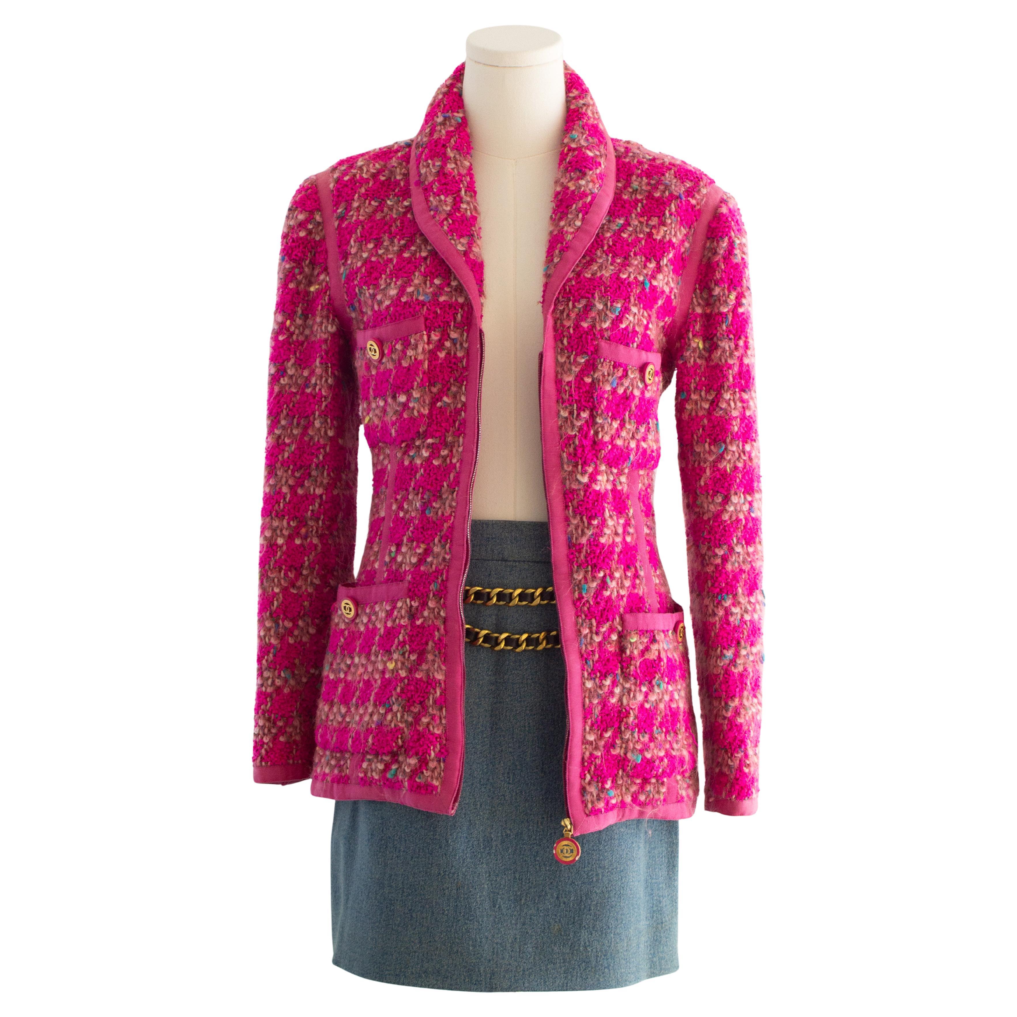Chanel Vintage A/I 1991 Hip-Hop Rosa Tweed CC Gonna Denim Giacca Completo