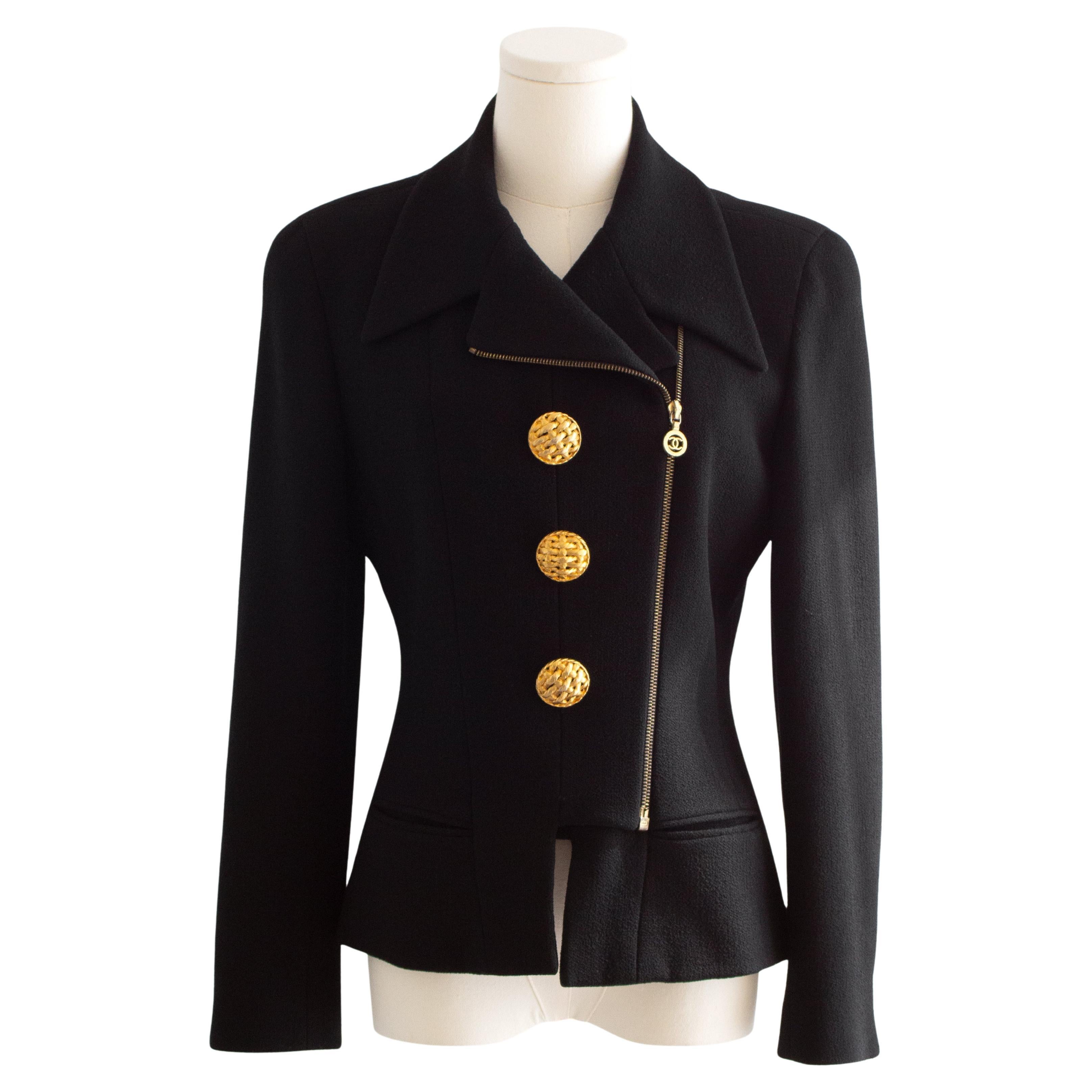 Chanel Vintage F/W 1992 Black Gold Zip Tweed Jacket For Sale
