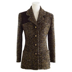 Chanel Vintage F/W 1992 Chaqueta de Pasarela de Ante Inglés Gris Marrón CC Oro