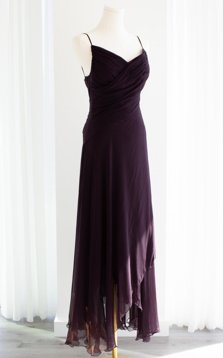 Chanel Vintage F/W 1993 Eggplant Purple Draped Silk Maxi Dress 93A Gown at  1stDibs