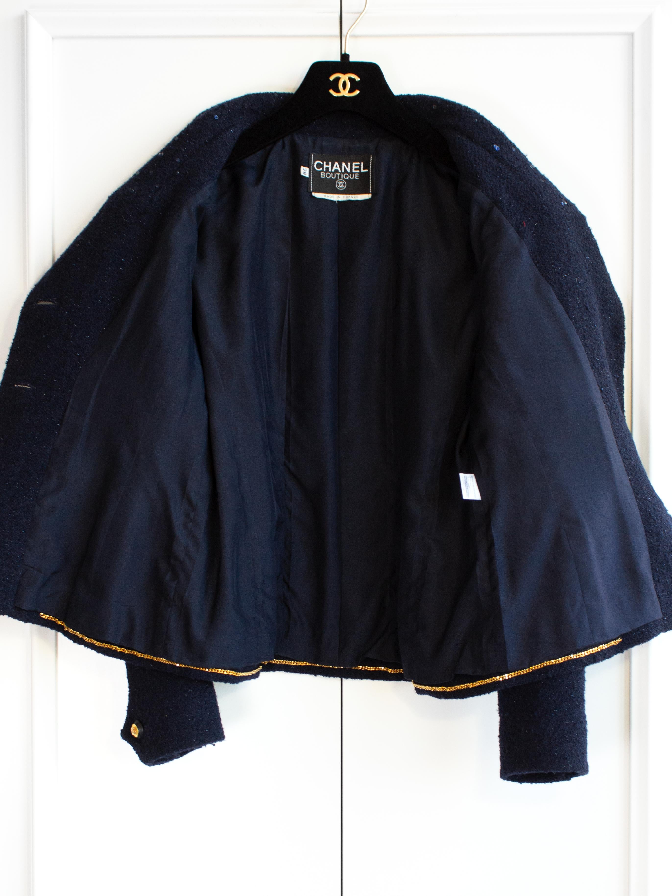 Chanel Vintage F/W 1993 Navy Midnight Blue Sequin Gold CC 93A Jacket For Sale 10