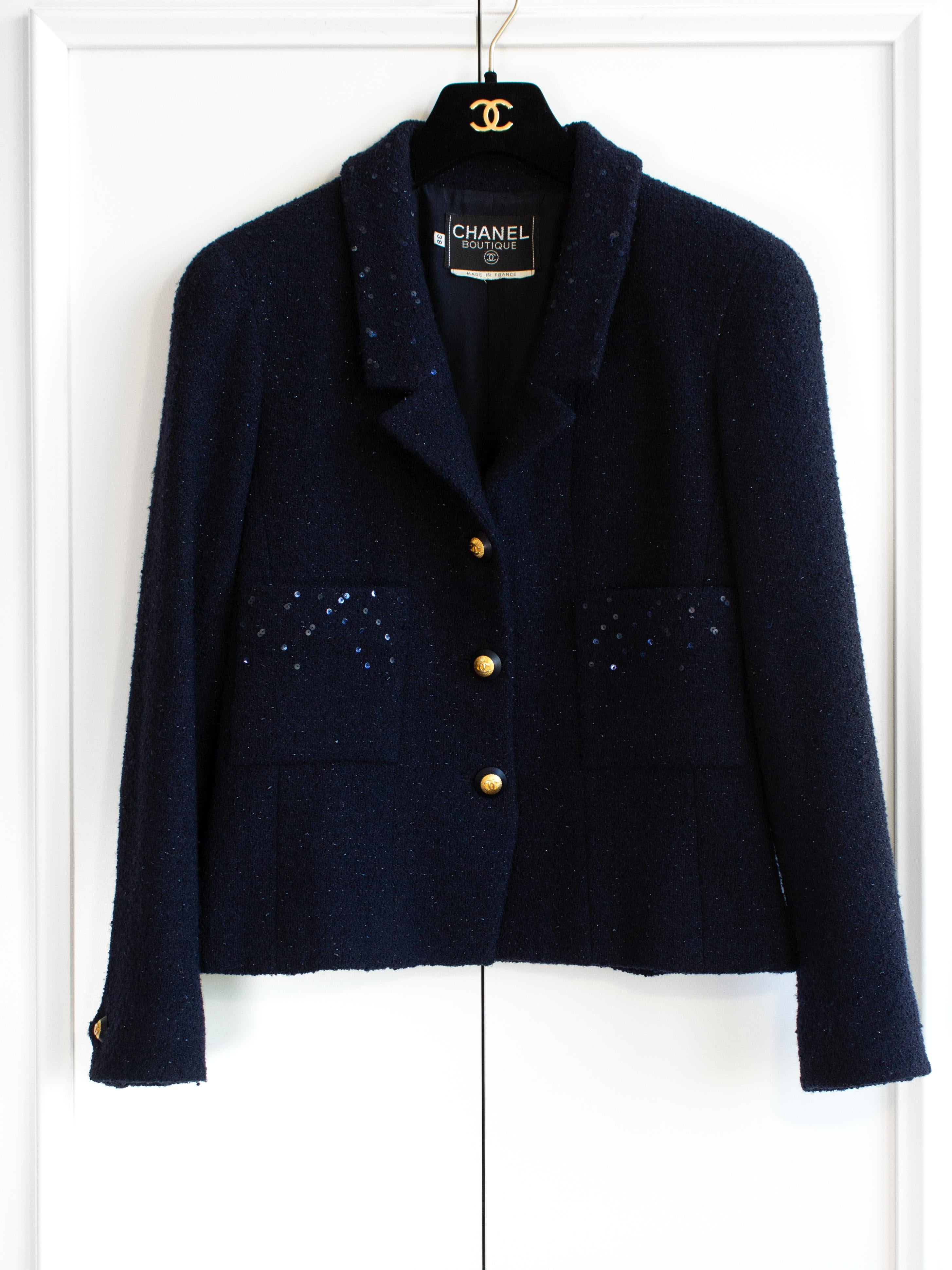 Chanel Vintage F/W 1993 Navy Midnight Blue Sequin Gold CC 93A Jacket For Sale 2